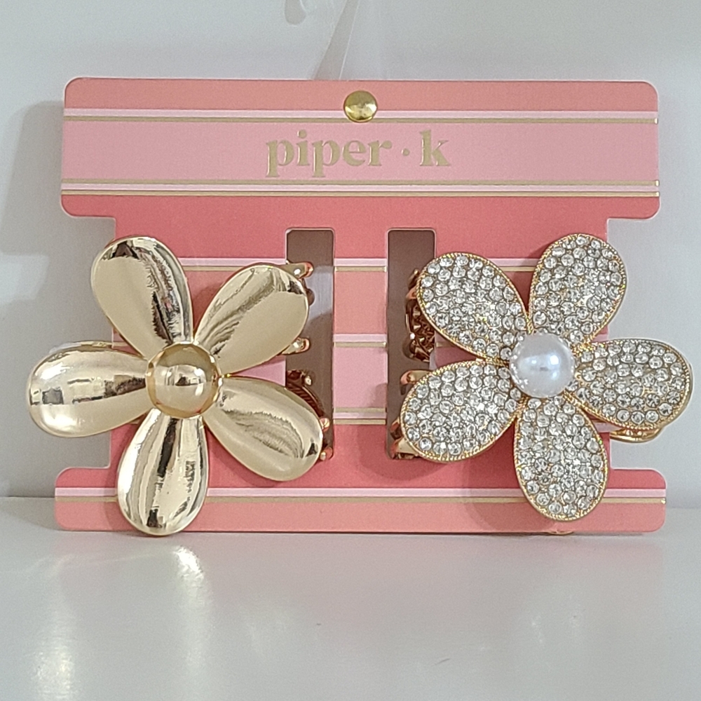 Piper K Metal Gold Color Rhinestones Faux Pearl Flower Hair Claw Clips